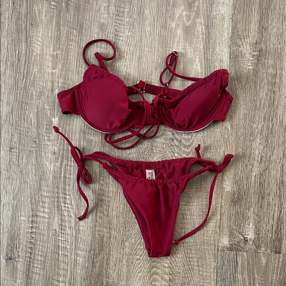 SHEIN Burgundy Red Tie Side Bikini Set